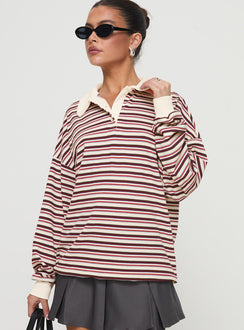 front view of model wearing Princess Polly Rierie Rugby Jersey Porcelain Multi Longline Jumpers Jumpers 