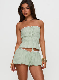 front view of model wearing Princess Polly Short And Sweet Shorts Green Check Low Rise Shorts 