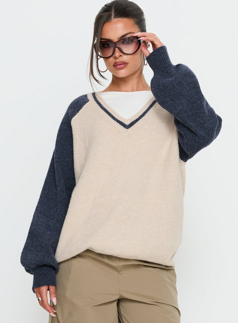 back view of model wearing Princess Polly Adana V Neck Graphic Knit Sweater Multi Longline Jumpers Jumpers 