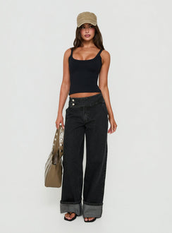 Introducing the Nikoletta Foldover Jeans Washed Black with high-rise wide-leg fit front view of model wearing Princess Polly