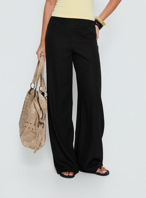 back view of model wearing Princess Polly Peroma Linen Straight Leg Pants Black High Rise Pants Pants 