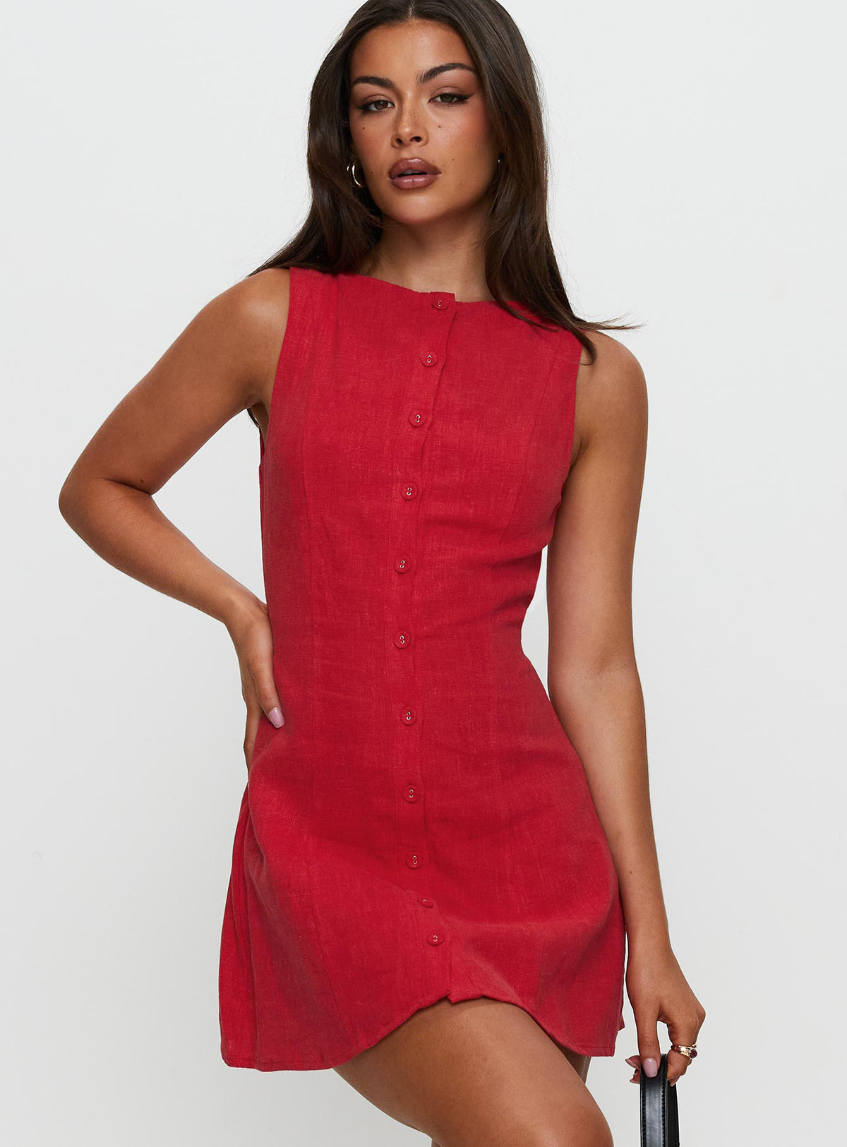 front view of model wearing Princess Polly Dollie Linen Mini Dress Red Crew Neck 
