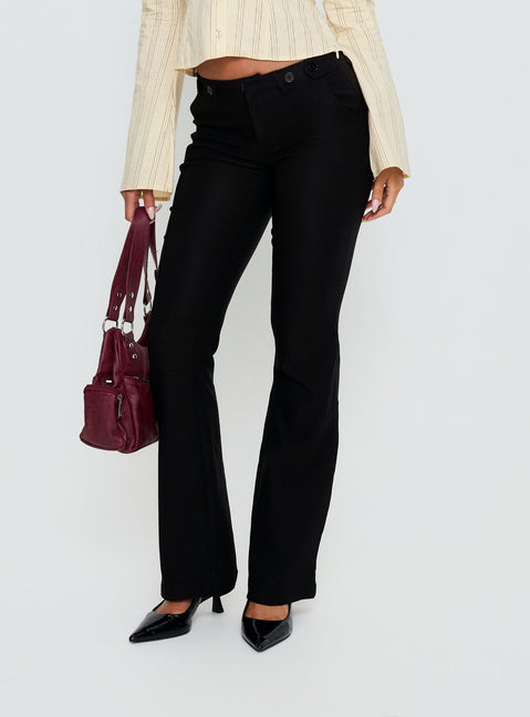 side view of model wearing Princess Polly Dariana Flare Pants Black Mid Rise Pants Pants 