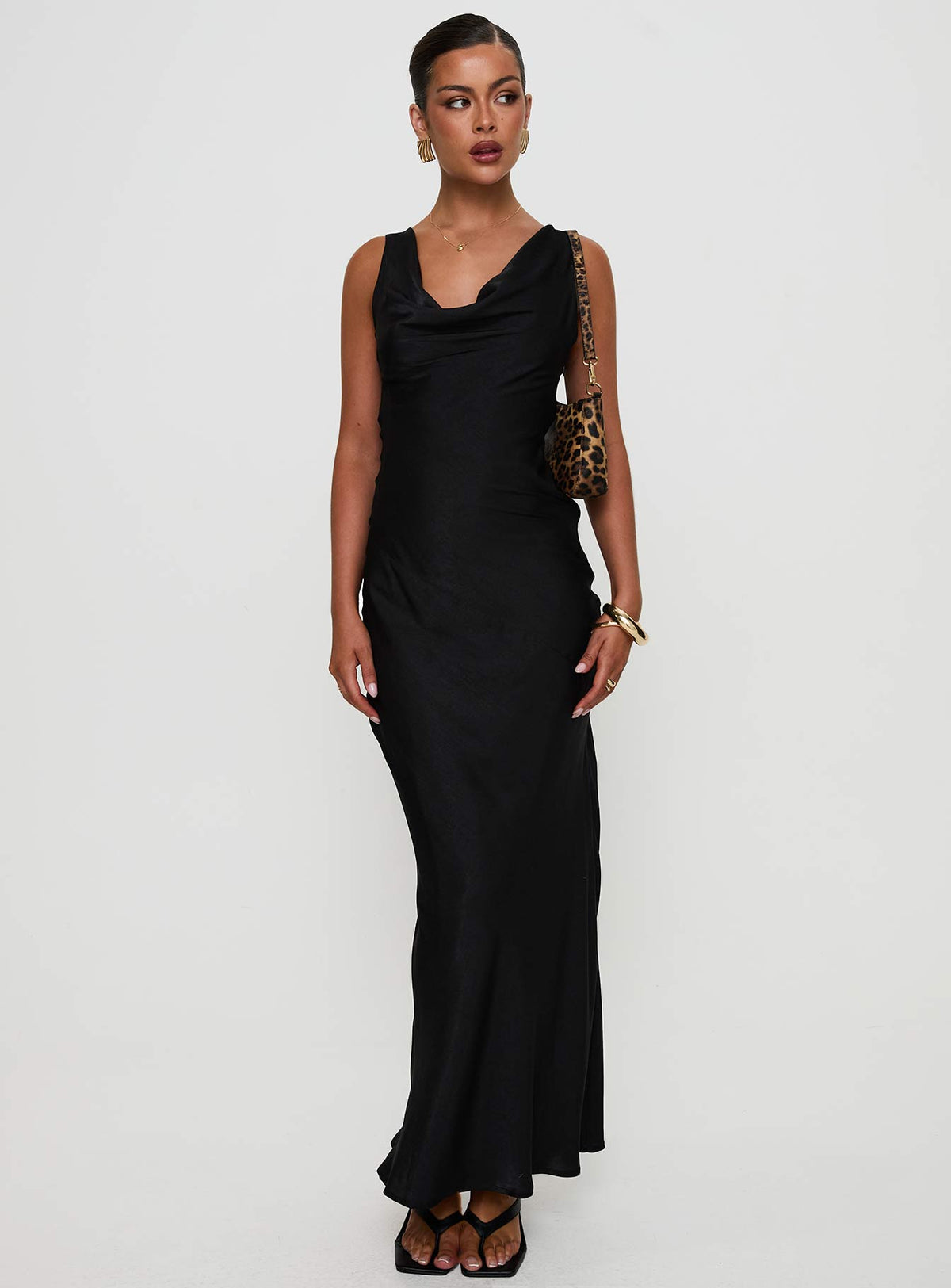 side view of model wearing Princess Polly Make Memories Cowl Neck Maxi Dress Black Cowl Neck 