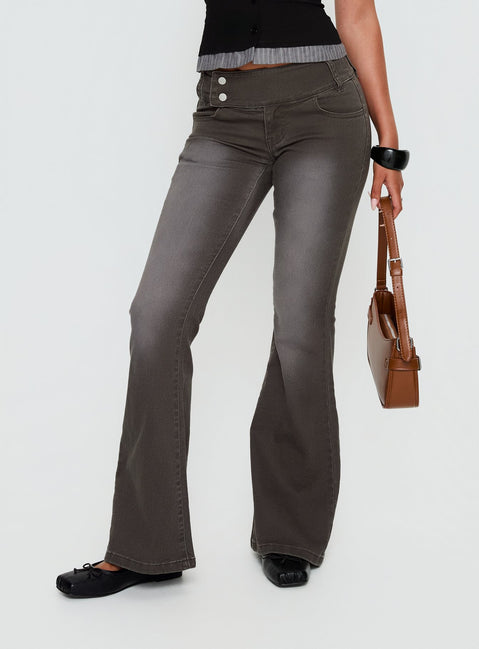 back view of model wearing Princess Polly Romea Low Waist Bootleg Jeans Dark Grey Low Rise Jeans Jeans 