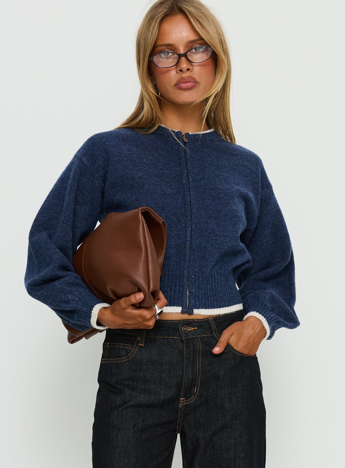 front view of model wearing Princess Polly Amandi Zip Through Knit Jumper Navy / Cream Cropped Jumpers Jumpers 