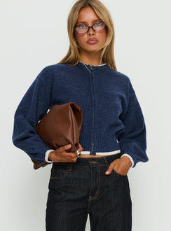 front view of model wearing Princess Polly Amandi Zip Through Knit Jumper Navy / Cream Cropped Jumpers Jumpers 
