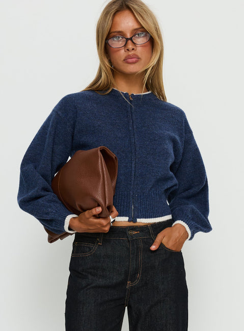 front view of model wearing Princess Polly Amandi Zip Through Knit Jumper Navy / Cream Cropped Jumpers Jumpers 
