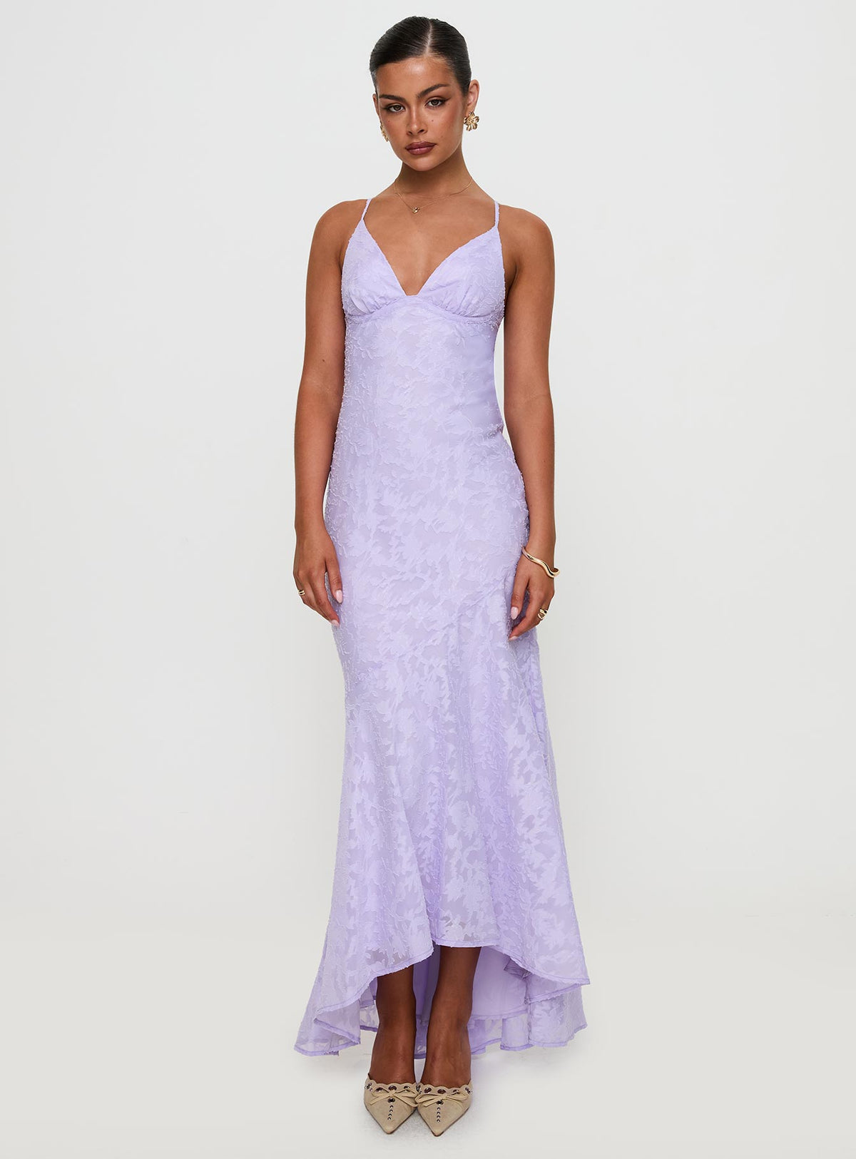 front view of model wearing Princess Polly Cyrene Maxi Dress Lilac Plunger 