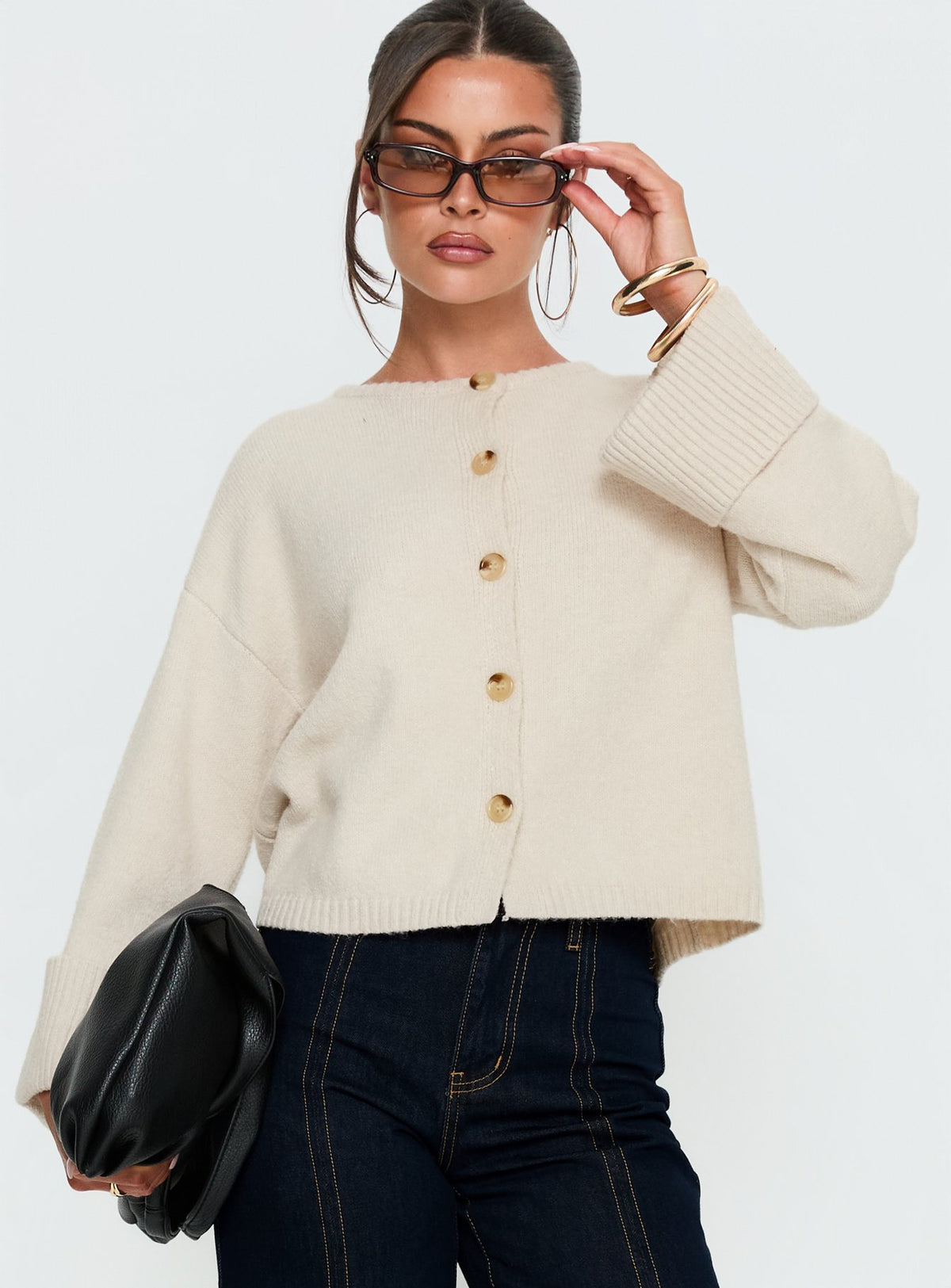 front view of model wearing Princess Polly Shinead Cuffed Knit Cardigan White Cropped Jumpers Jumpers 