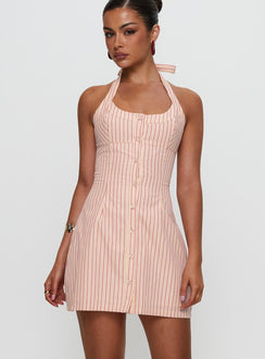 front view of model wearing Princess Polly Mallorie Halter Mini Dress Pink Stripe Scoop Neck 