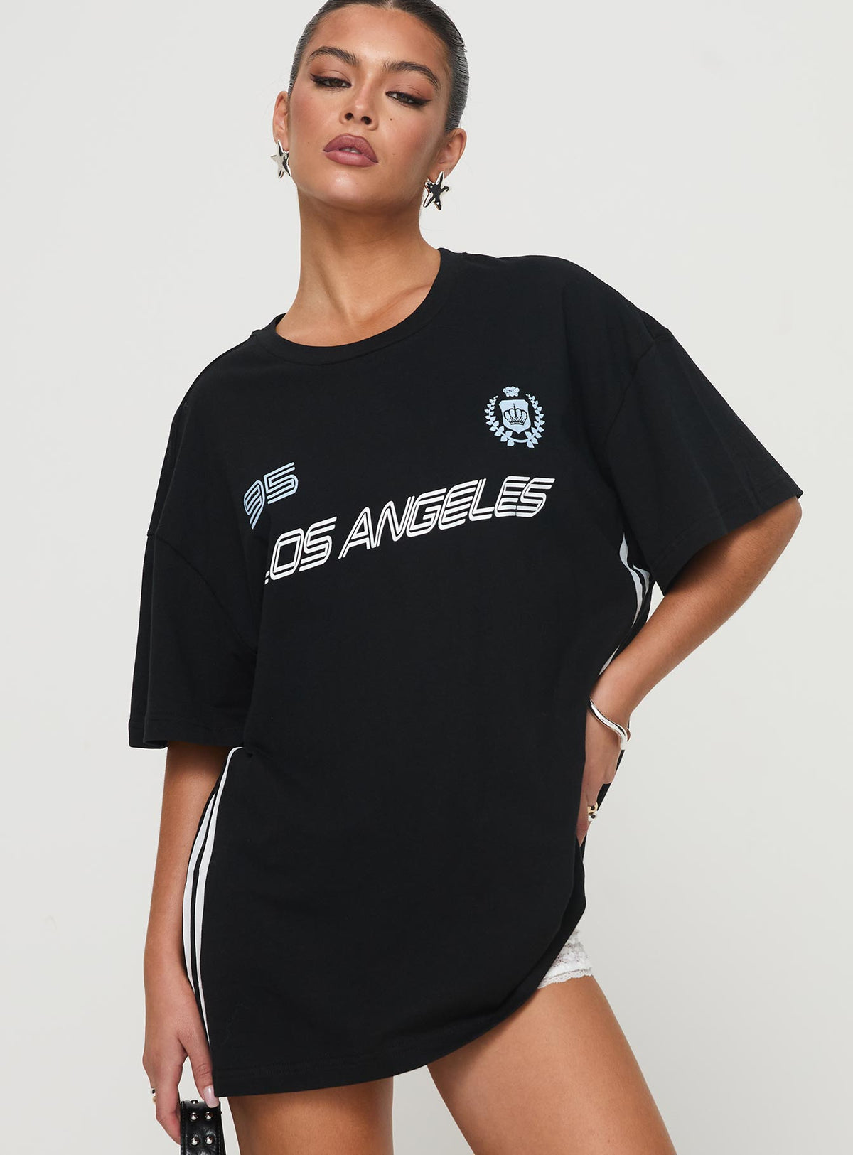 front view of model wearing Princess Polly Goal La Oversized Tee Black Half Sleeves Crew Neck 