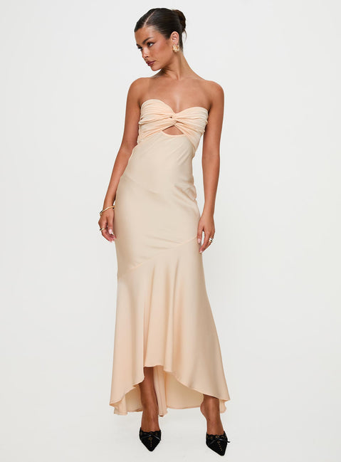 back view of model wearing Princess Polly Stand A Chance Twist Detail Maxi Dress Champagne Sweetheart Neckline 