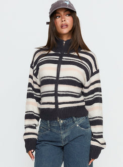 front view of model wearing Princess Polly Tetra Zip Through Knit Sweater Pink Stripe Jumpers 