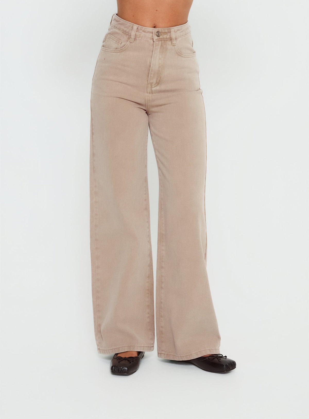 side view of model wearing Princess Polly Nicolo High Rise Straight Leg Jeans Concrete High Rise Jeans Jeans 