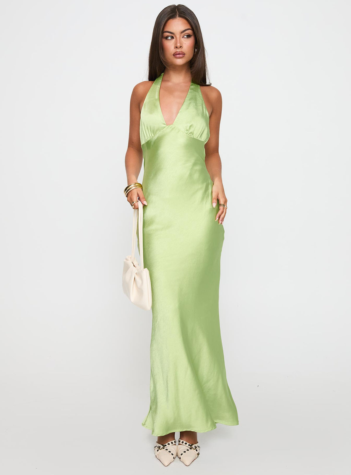 front view of model wearing Princess Polly Gloriana Halter Maxi Dress Green Plunger 