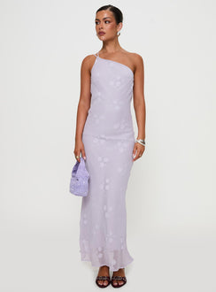 side view of model wearing Princess Polly Jazmira One Shoulder Maxi Dress Lilac Asymmetric Neckline 