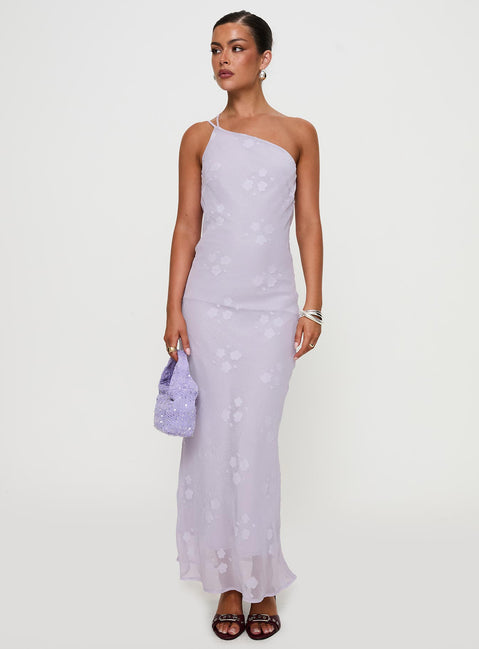 side view of model wearing Princess Polly Jazmira One Shoulder Maxi Dress Lilac Asymmetric Neckline 