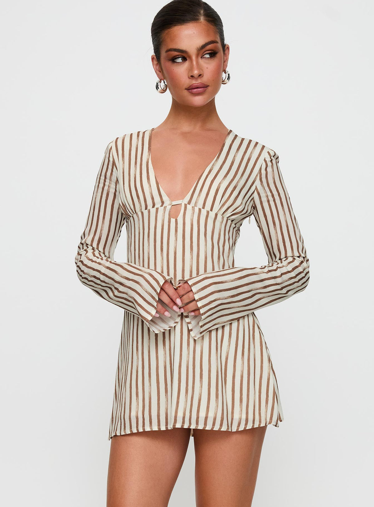 front view of model wearing Princess Polly The Good Life Mini Dress Brown / White Stripe Plunger 