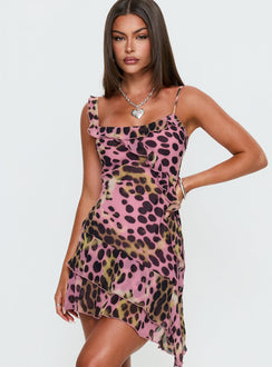 Danita Off Shoulder Frill Mini Dress Pink Animal Multi