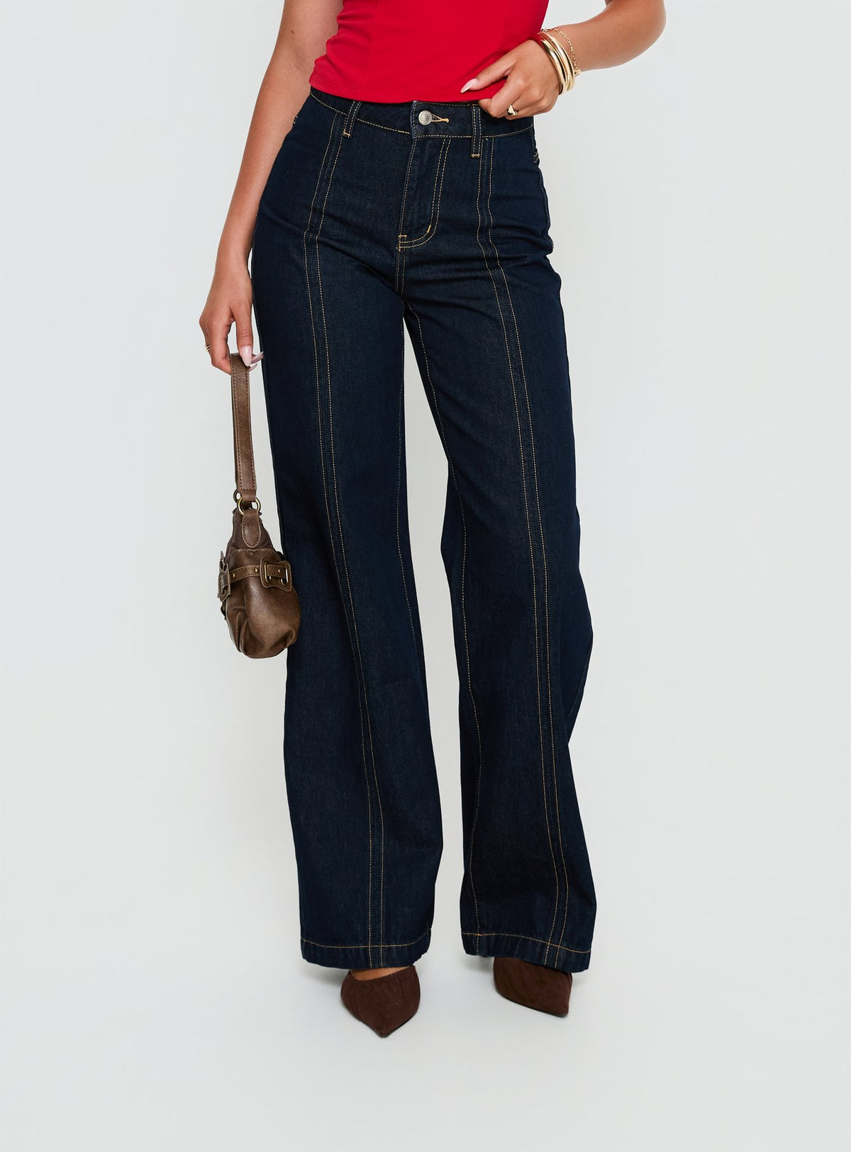 front view of model wearing Princess Polly Cadance High Rise Straight Leg Jeans Indigo High Rise Jeans Jeans 