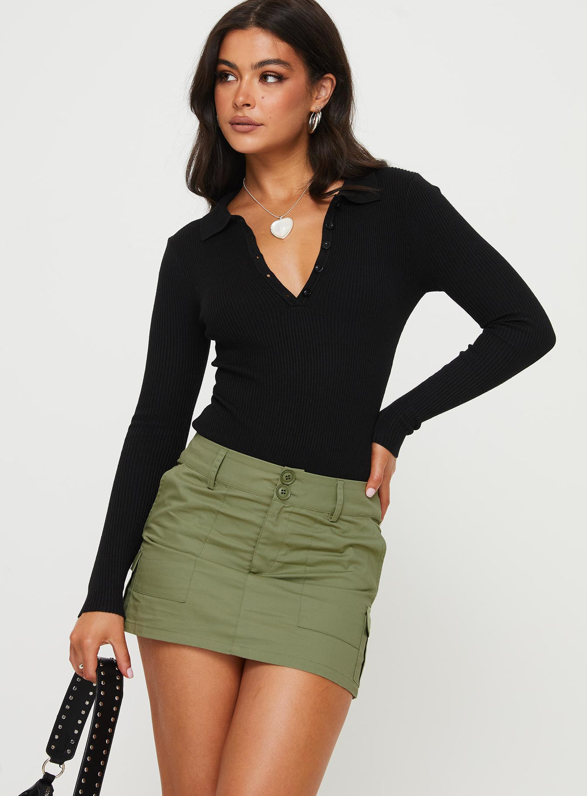 Front view of model wearing  front Jameson Mini Skirt Green Princess Polly  Mini Skirts 