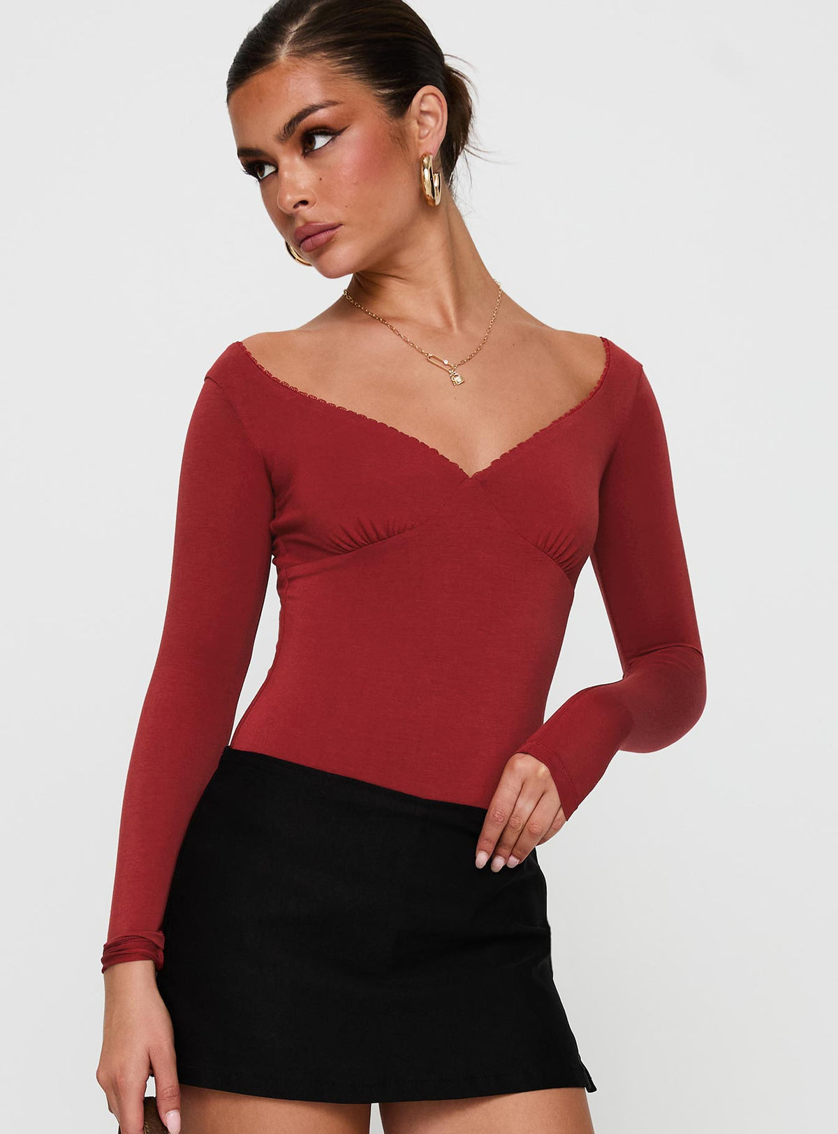front view of model wearing Princess Polly Loveydove Bodysuit Burgundy Long Sleeve Tops Bodysuit 