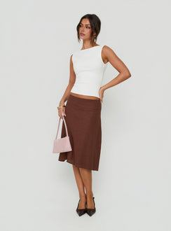 Discover the Such Delight Linen Midi Skirt Chocolate womens-skirts side view of model wearing Princess Polly
