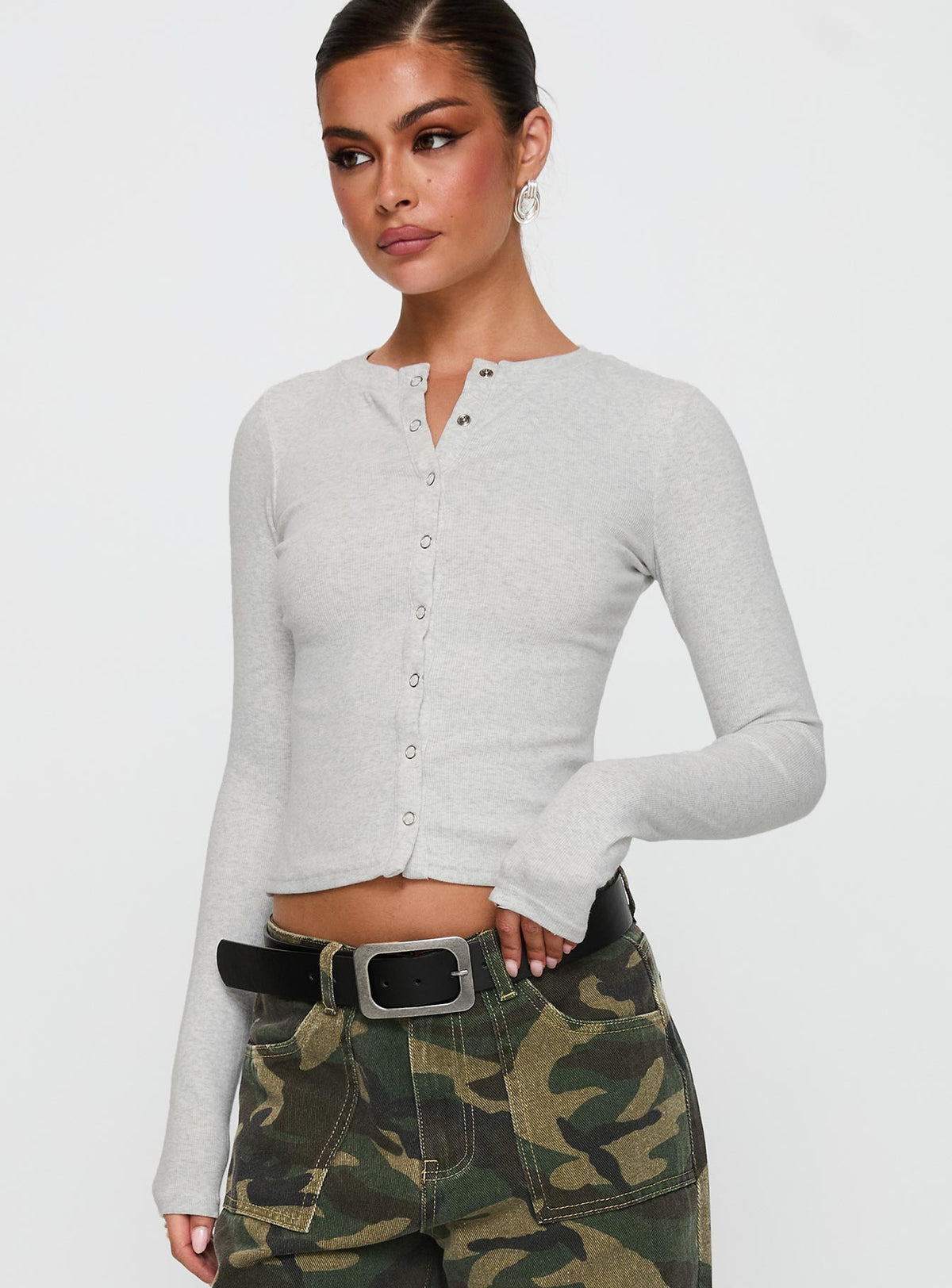 front view of model wearing Princess Polly Sandra Dee Knit Top Grey Marle Full Sleeves Crew Neck 