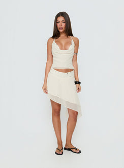 Presenting the Gemmina Asymmetrical Chiffon Mini Skirt Cream womens-skirts in relaxed fit with mini length Princess Polly