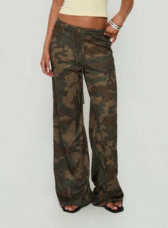 Featuring the Seylah Waffle Jersey Pants in camo, womens regular wide-leg pants with mid-rise waist, detail view of model wearing