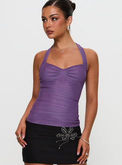 side view of model wearing Princess Polly Clovah Halter Top Purple Sleeveless Sweetheart 