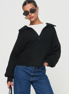front view of model wearing Princess Polly Bella Notched Neck Sweater Black Cropped Jumpers Jumpers 