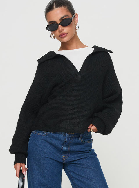 front view of model wearing Princess Polly Bella Notched Neck Sweater Black Cropped Jumpers Jumpers 