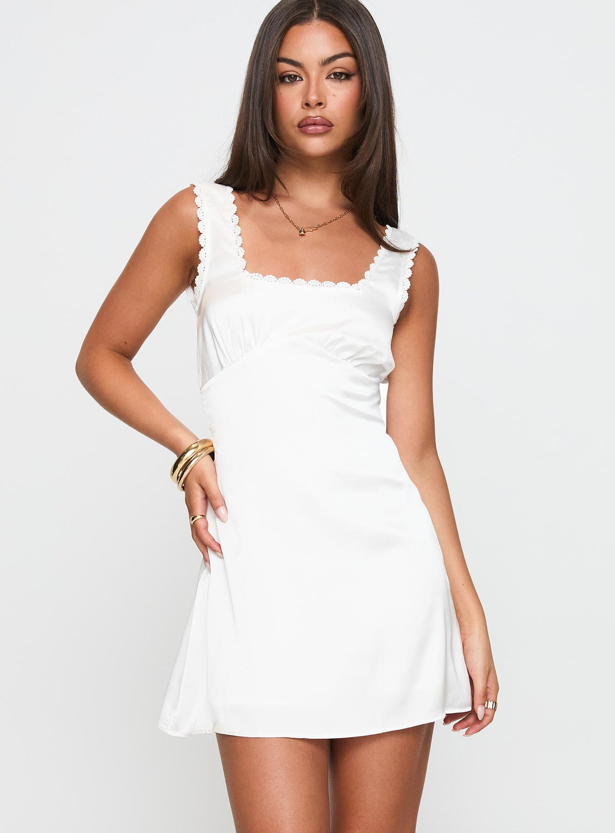 front view of model wearing Princess Polly Dasha Satin Mini Dress White Square Neck 