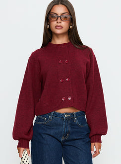 front view of model wearing Princess Polly Kammi Button Up Cardigan Red cropped Jumpers 