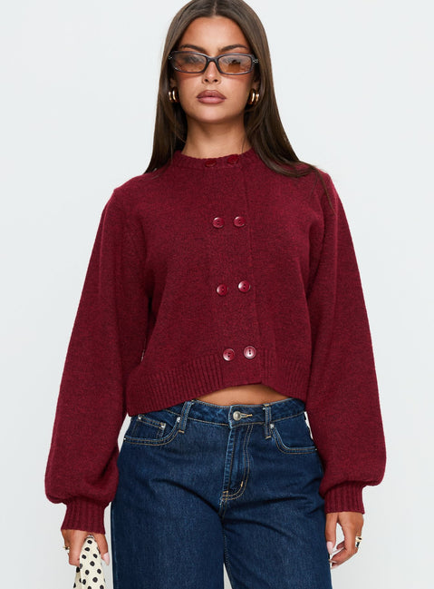 front view of model wearing Princess Polly Kammi Button Up Cardigan Red cropped Jumpers 