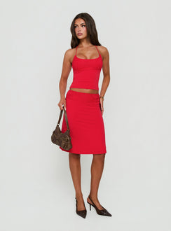 Showcasing the Zenaide Lace Detail Midi Skirt Red in womens-skirts front view of model wearing