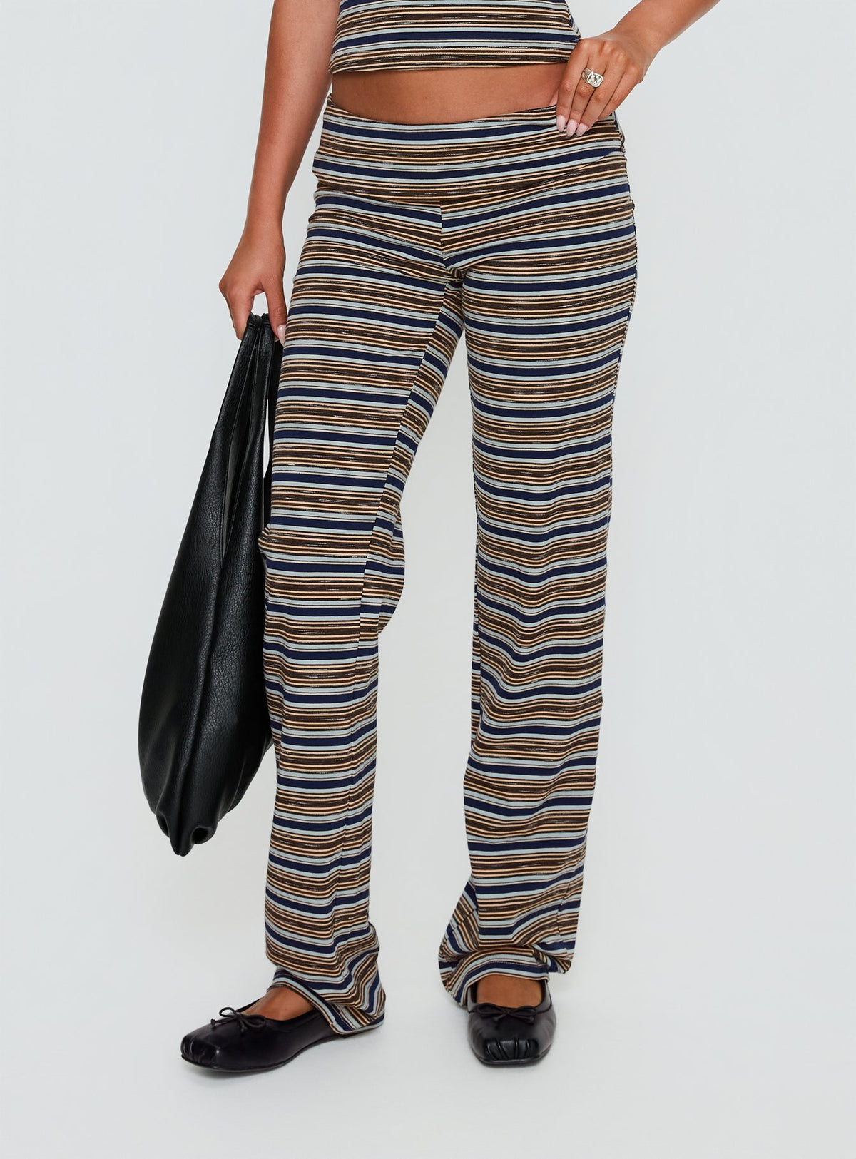 front view of model wearing Princess Polly Manolo Foldover Pants Brown / Grey Stripe Mid Rise Pants Pants 
