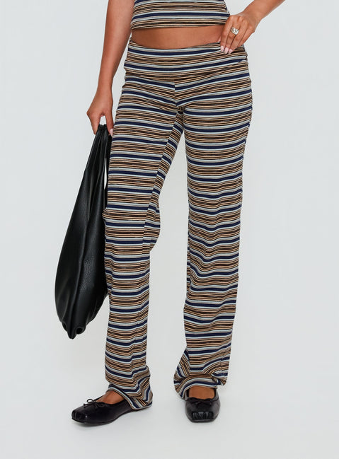 front view of model wearing Princess Polly Manolo Foldover Pants Brown / Grey Stripe Mid Rise Pants Pants 