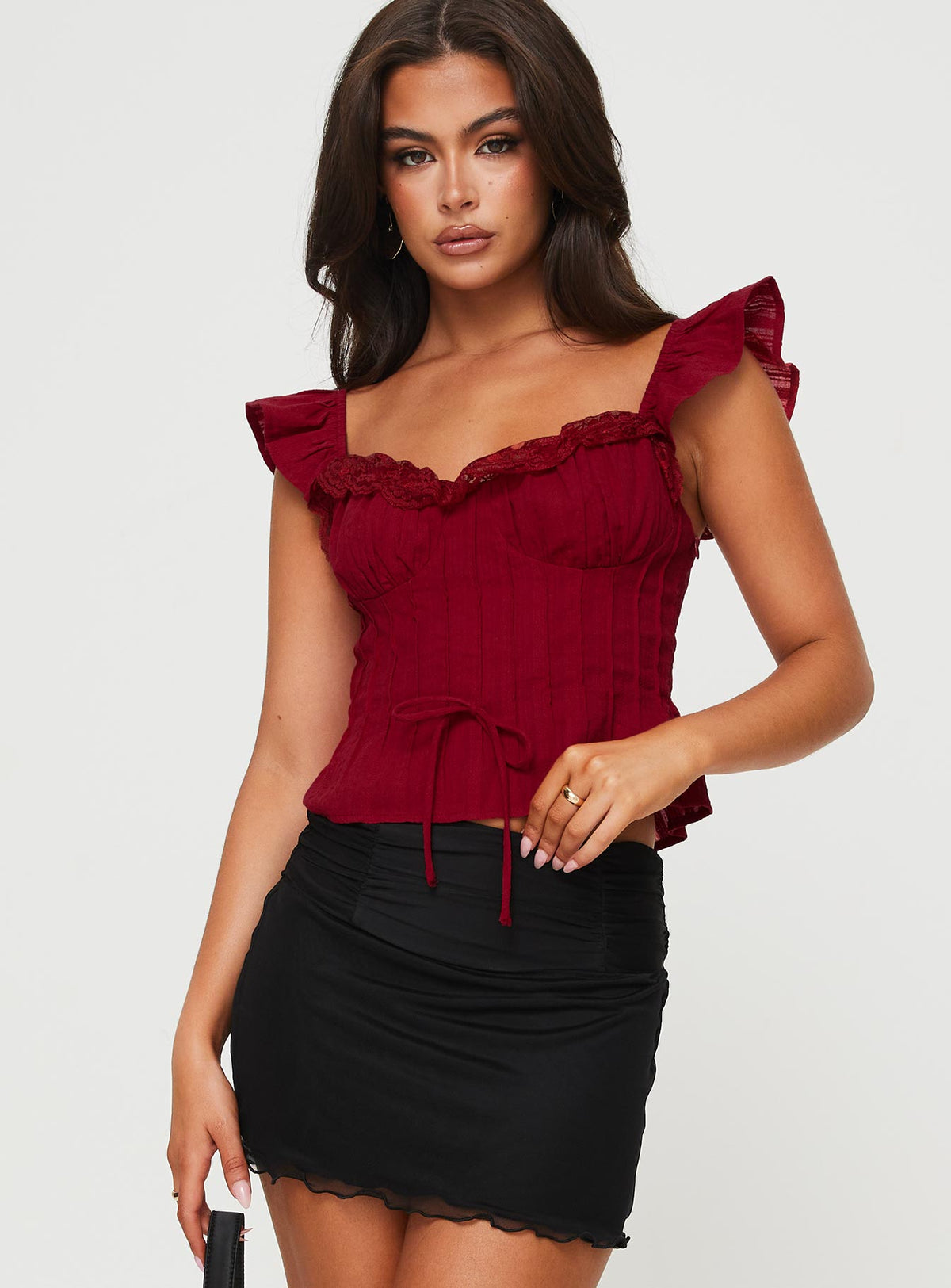 front view of model wearing Princess Polly Mylan Top Burgundy Short Sleeves Sweetheart 