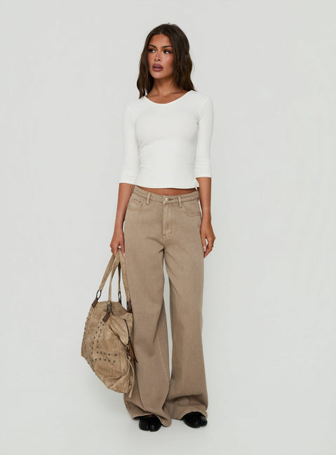 Featuring Maryjo Mid Rise Super Baggy Jeans Washed Brown in womens-jeans with mid-rise waist detail Princess Polly