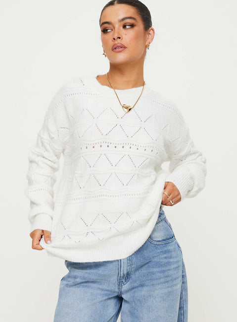 front view of model wearing Princess Polly Pierce Pointelle Sweater Cream Longline Jumpers Jumpers 