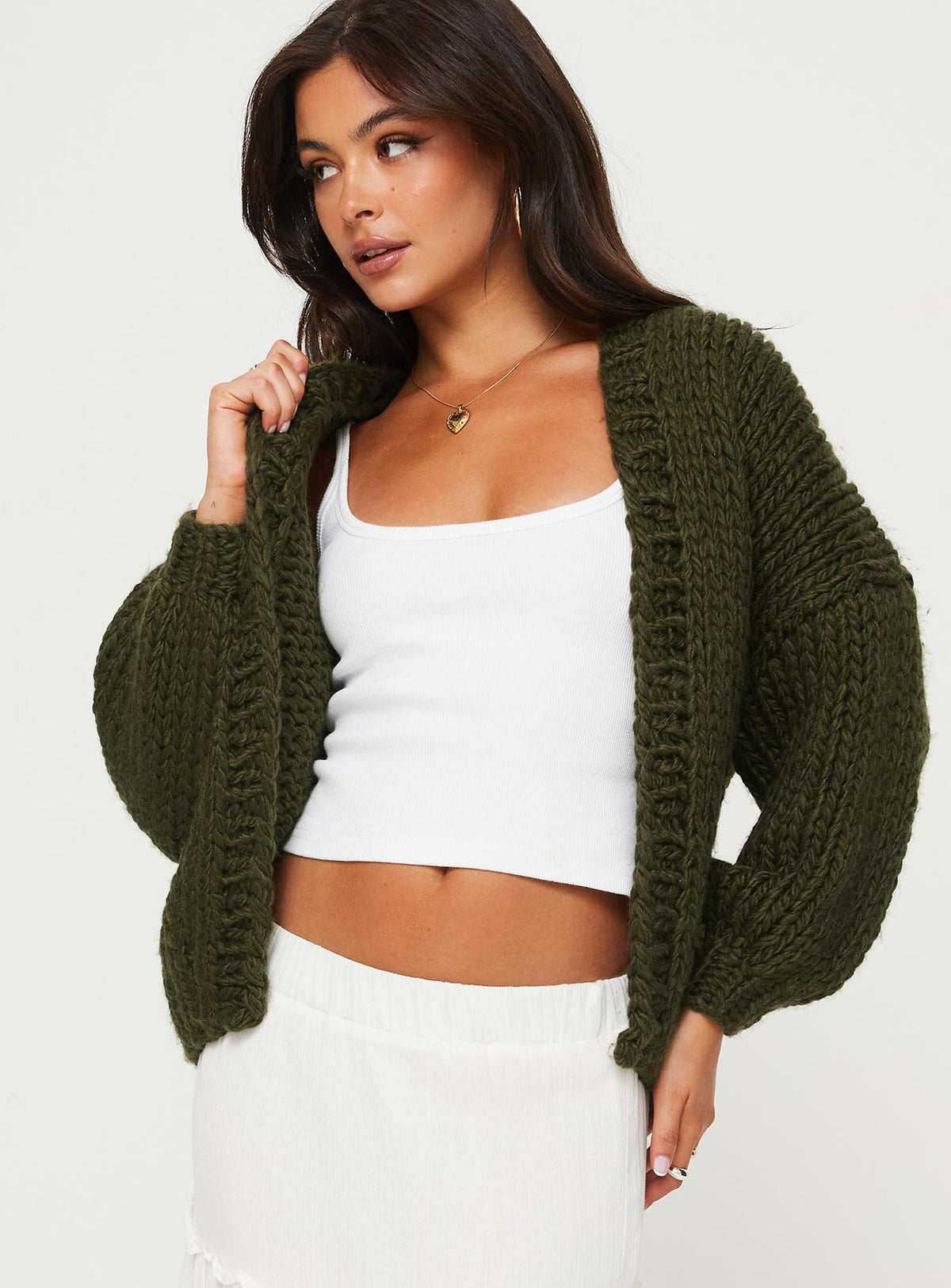 back view of model wearing Princess Polly Lester Knit Cardigan Olive Longline Jumpers Jumpers 