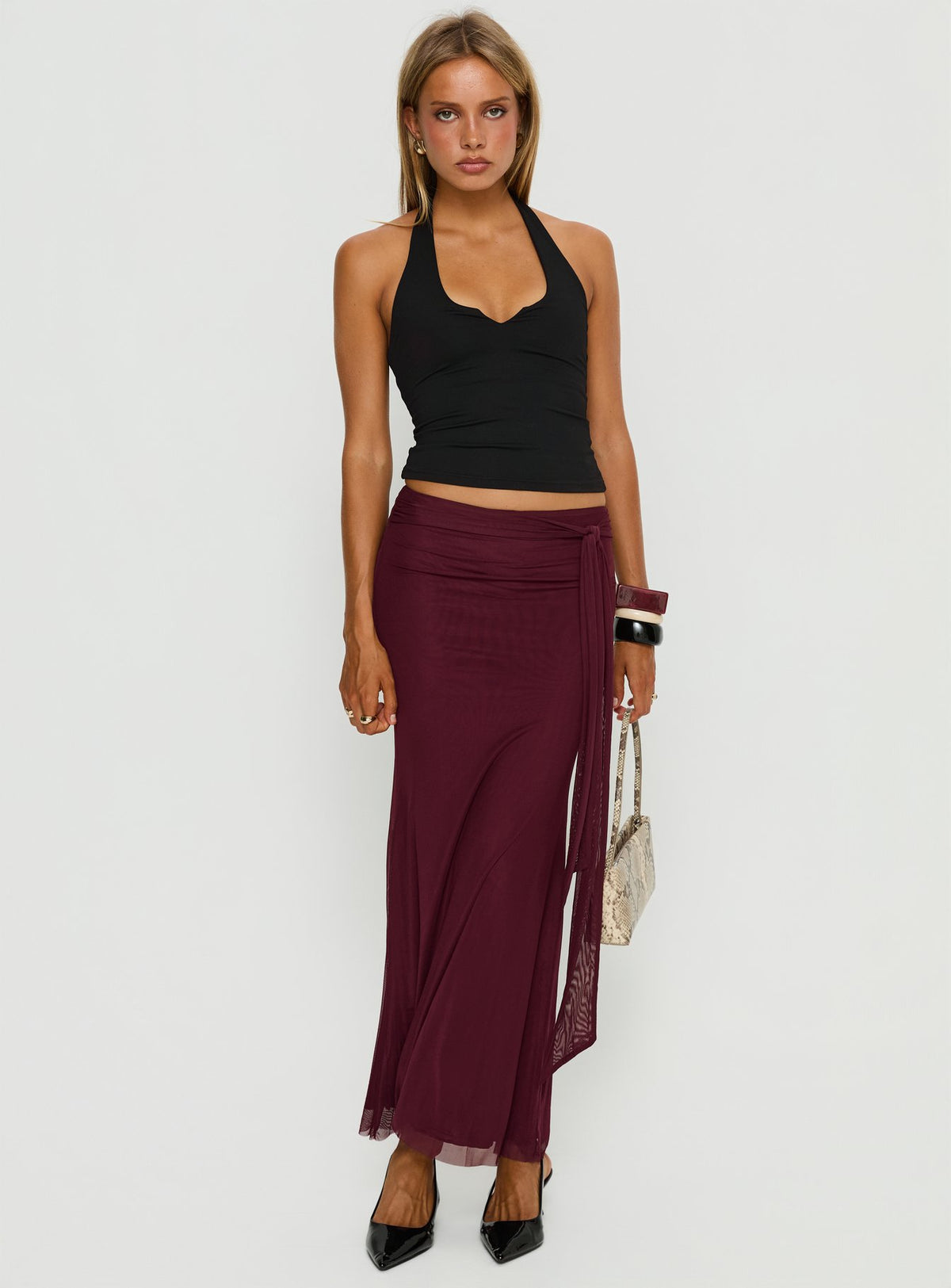  front view of model wearing Princess Polly Caviar Tie Maxi Skirt Currant Maxi Skirts Skirts 
