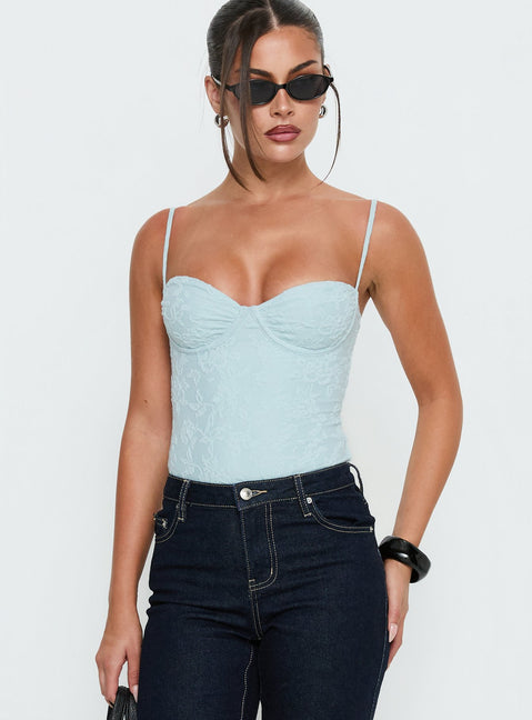 front view of model wearing Princess Polly Alorah Textured Bodysuit Blue Sleeveless Bodysuit 