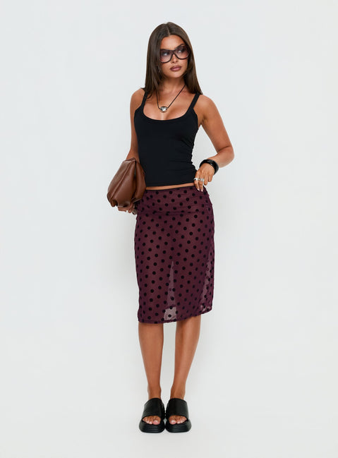   front view of model wearing Princess Polly Evani Sheer Chiffon Midi Skirt Polka Maroon Midi Skirts Skirts 