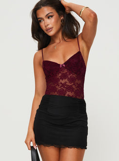 front view of model wearing Princess Polly Pennard Lace Bodysuit Wine Sleeveless Bodysuit 