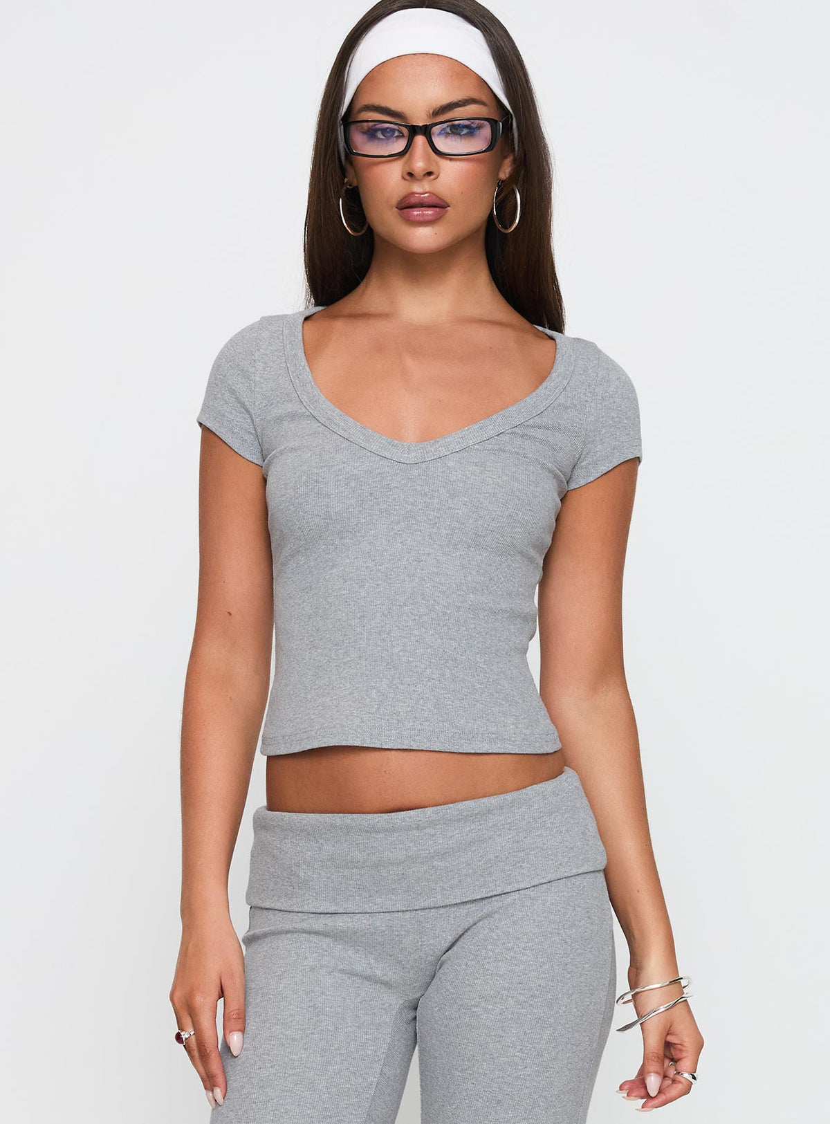 front view of model wearing Princess Polly Lovely Day V Neck Top Grey Marle Short Sleeves V-Neck 