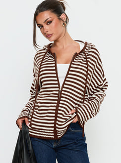 front view of model wearing Princess Polly Brienna Zip Jacket Brown Jumpers 